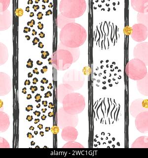 Motif rayé sans couture avec cercles roses et imprimé léopard. Fond géométrique abstrait vectoriel Illustration de Vecteur