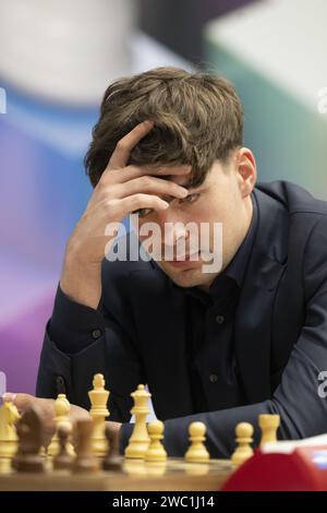 WIJK AAN ZEE - Jorden van Foreest lors du premier tour du tournoi d'échecs Tata Steel Masters. ANP OLAF KRAAK Banque D'Images