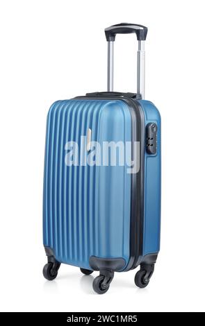 Valise à bagages en plastique bleu isolé sur blanc Banque D'Images