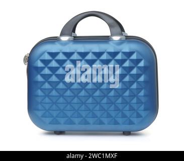 Vue latérale de la petite valise rigide bleue isolée sur blanc Banque D'Images