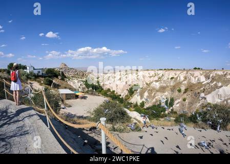 Vue grand angle d'une fille portant un chapeau regardant la vue en cappadoce, Turquie avec des pigeons et des oiseaux volant dans le coin pendant la journée, européen s Banque D'Images