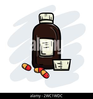 Illustration brillante de doodle dessinée à la main avec des médicaments. Sirop contre la toux avec tasse à mesurer et comprimés de capsules Illustration de Vecteur