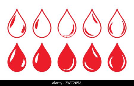 Icône de symbole de goutte de sang avec jeu de brillance de cinq en couleur rouge avec remplissage et contour. Forme de goutte de sang. Gouttes de sang ensemble isolé sur fond blanc. Illustration de Vecteur