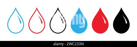 Jeu d'icônes d'eau brillante, de sang et de goutte d'huile. Icônes de gouttes bleues, rouges et noires encadrées et remplies isolées sur fond blanc. Illustration de Vecteur