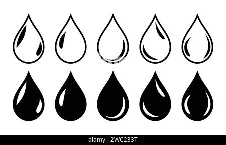 Symbole de chute de couleur noire avec brillance blanche. Ensemble de cinq icônes de symbole de goutte de sang, d'eau, d'huile, de couleur noire avec remplissage et contour. Forme de goutte d'eau. Illustration de Vecteur