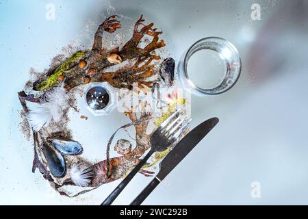 Couverts, verre d'eau et un shaker de sel sur les algues, les coquillages et le sable sur un fond bleu clair, concept pour l'industrie des fruits de mer et la protection de l'environnement Banque D'Images