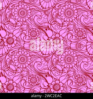 motif fleuri sans couture, motifs orientaux, motif floral bordeaux sur fond rose, texture, fond Banque D'Images