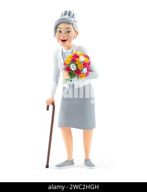 3d dessin animé granny tenant bouquet de fleurs, illustration isolée sur fond blanc Banque D'Images