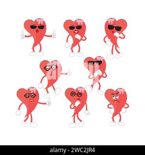 Love Heart dessin animé avec de nombreuses expressions. design plat d'illustration vectorielle d'activité de cœur d'amour différent. smart coeur d'amour pour le livre d'histoire des enfants. Illustration de Vecteur