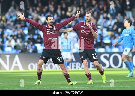 Naples, Italie,13 janvier,2024 Antonio Candreva de l'US Salernitana 1919 se réjouit après avoir marqué un but de 0-1 pendant la Serie A Macth entre SSC Napoli et US Salernitana 1919 Credit:Agostino Gemito/ Alamy Live News Banque D'Images