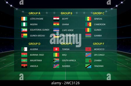 Coupe d'Afrique 2023 groupes. Modèle graphique de diffusion de tournoi de football. Tous les drapeaux Illustration de Vecteur