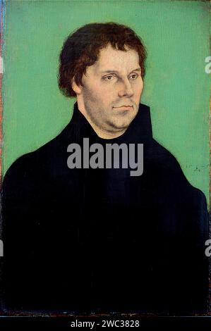 Titre : Portrait de Martin Luther, 1525 artiste : Lucas l'ancien Cranach support : huile sur panneau Dimensions : 40 x 26,6 cm lieu : Bristol Museum and Art Gallery, UK Description : 'Portrait de Martin Luther', peint en 1525 par Lucas l'ancien Cranach, est une œuvre d'art significative représentant l'influent personnage Martin Luther. Réalisé à l'huile sur panneau et mesurant 40 x 26,6 cm, le tableau témoigne de l'habileté artistique de Cranach et de son rôle de peintre de la cour des électeurs de Saxe à l'époque de la réforme. Installé au Bristol Museum and Art Gallery au Royaume-Uni, le portrait capture lu Banque D'Images