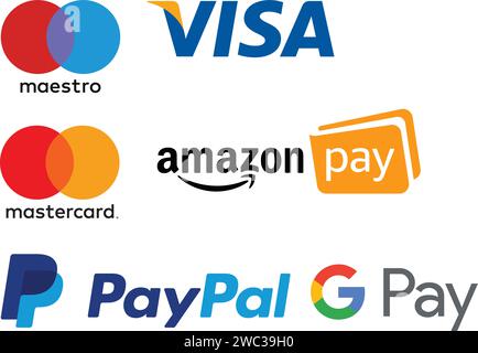 Méthodes de paiement en ligne systèmes icônes ensemble, société de carte, logo, Visa, Mastercard, PayPal, Amazon Pay, paiements E-commerce Illustration de Vecteur