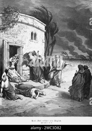 Job expérimente son malheur, Job, chapitre 1, maison en pierre, entrée, horreur, désespoir, tempête, gens, Bible, ancien Testament, illustration historique Banque D'Images