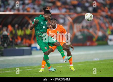 Janvier 13 2024 : Mauro Daniel Rodrigues Teixeira (Guinée Bissau) est à la tête d'un match de la coupe d'Afrique des Nations Groupe A, Côte d'Ivoire vs Guinée Bissau, au Stade Olympique Alassane Ouattara, Abidjan, Côte d'Ivoire. Kim Price/CSM (image de crédit : © Kim Price/Cal Sport Media) Banque D'Images