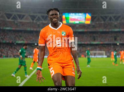 13 2024 janvier : Wilfried Stephane Singo (Côte d'Ivoire) fait des gestes lors d'un match de la coupe d'Afrique des Nations Groupe A, Côte d'Ivoire vs Guinée Bissau, au Stade Olympique Alassane Ouattara, Abidjan, Côte d'Ivoire. Kim Price/CSM (image de crédit : © Kim Price/Cal Sport Media) Banque D'Images