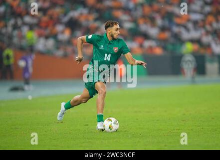 Janvier 13 2024 : Mauro Daniel Rodrigues Teixeira (Guinée Bissau) contrôle le ballon lors d'un match de la coupe d'Afrique des Nations Groupe A, Côte d'Ivoire vs Guinée Bissau, au Stade Olympique Alassane Ouattara, Abidjan, Côte d'Ivoire. Kim Price/CSM Banque D'Images