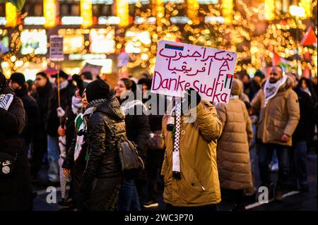 Pro-Palästinensische Demo à Berlin ca. 1000 Menschen nahmen am 13.01.2024 an einer Pro-Palästinensischen Demo teil. Unter dem motto Solidarität mit Palästina liefen die Teilnehmer vom Neptunbrunnen zum Potsdamer Platz. Neben Freiheit für Palästina, Freiheit für Gaza, waren auch immer wieder Rufe wie Deutschland finanziert, Israel bombardiert und Stoppt den Völkermord zu hören. Insgesamt war die Stimmung sehr Pressefeindlich und oft waren Parolen wie Lasso euch nicht betrügen, deutsche Medien lügen zu hören., Berlin Berlin Deutschland Mitte *** manifestation pro palestinienne à Berlin vers 10 Banque D'Images