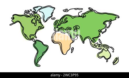 Vecteur de dessin continu de ligne d'icône de carte du monde. Fond vectoriel d'icône de carte du monde d'une ligne. Icône de carte du monde. Illustration de Vecteur