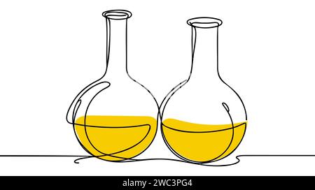 Flacon à fond rond à deux cols, tracé continu sur une ligne. Illustration continue d'une ligne d'équipement de laboratoire en verre. Illustration linéaire vectorielle. Illustration de Vecteur