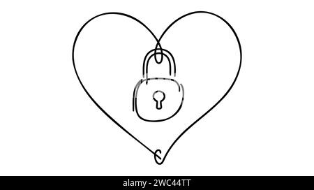 Dessin continu d'une ligne de cadenas de coeur avec trou de serrure. Illustration vectorielle d'art de ligne d'amour en forme de cadenas. Illustration de Vecteur