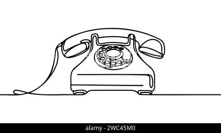 Dessin de ligne continue de téléphone à cadran rotatif. Une ligne de téléphone maison vintage. Illustration de Vecteur