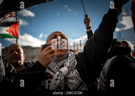 Arlington, Virginie, États-Unis. 13 janvier 2024. Des milliers de manifestants pro-palestiniens ont rempli les rues de Washington, district de Columbia, le 13 janvier 2024, pour exhorter les États-Unis à cesser de soutenir la campagne militaire israélienne à Gaza. La marche, qui était la deuxième du genre depuis le début de l'offensive israélienne en octobre 2023, était organisée par une coalition de groupes musulmans et anti-guerre. Les organisateurs ont affirmé que plus de 300 000 personnes de différents États et milieux ont participé au rassemblement, exigeant la libération de tous les otages à Gaza et des prisonniers politiques en Israël, et Banque D'Images