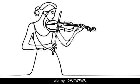 Violoniste femme fille jouant du violon. Dessin continu d'une ligne art.. Illustration vectorielle. Illustration de Vecteur