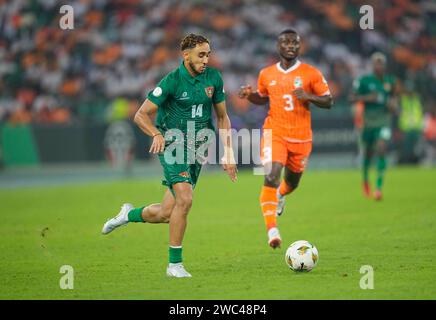 Janvier 13 2024 : Mauro Daniel Rodrigues Teixeira (Guinée Bissau) contrôle le ballon lors d'un match de la coupe d'Afrique des Nations Groupe A, Côte d'Ivoire vs Guinée Bissau, au Stade Olympique Alassane Ouattara, Abidjan, Côte d'Ivoire. Kim Price/CSM Banque D'Images