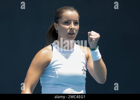 Melbourne, Australie. 14e. Janvier 2024. La joueuse de tennis britannique Jodie Burrage célèbre l'Open d'Australie à Melbourne Park le dimanche 14 janvier 2024. © Juergen Hasenkopf / Alamy Live News Banque D'Images