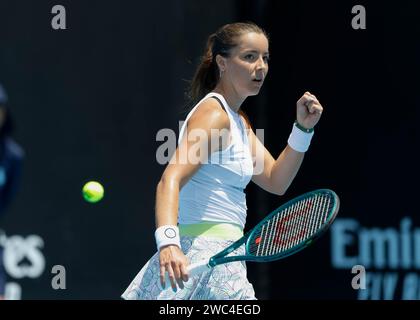 Melbourne, Australie. 14e. Janvier 2024. La joueuse de tennis britannique Jodie Burrage célèbre l'Open d'Australie à Melbourne Park le dimanche 14 janvier 2024. © Juergen Hasenkopf / Alamy Live News Banque D'Images