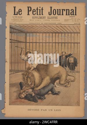 Dévoré par un lion, V. Michel, d'après Henri Meyer, tirage de 1895. Impression photomécanique Un homme est attaqué par un lion. Un photographe a l'air choqué. Couverture du supplément illustré du journal 'le petit Journal' du 29 septembre 1895. bêtes de proies en papier, animaux prédateurs : lion. photographe au travail Banque D'Images