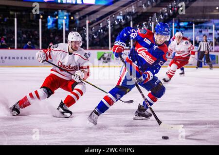 Charlotte, Caroline du Nord, États-Unis. 13 janvier 2024. Charlotte Checkers Uvis Balinskis (16) défend Rochester Americans Mason Jobst (26) dans la Queen City Outdoor Classic au Truist Field à Charlotte, Caroline du Nord. (Scott Kinser/CSM) (image de crédit : © Scott Kinser/Cal Sport Media). Crédit : csm/Alamy Live News Banque D'Images