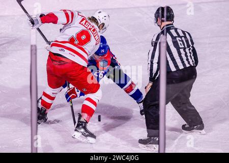 Charlotte, Caroline du Nord, États-Unis. 13 janvier 2024. Charlotte Checkers Rasmus Asplund (9) et Rochester Americans Mason Jobst (26) affrontent la rondelle dans la Queen City Outdoor Classic au Truist Field à Charlotte, NC. (Scott Kinser/CSM) (image de crédit : © Scott Kinser/Cal Sport Media). Crédit : csm/Alamy Live News Banque D'Images