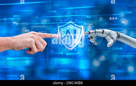 Collaboration futuriste mains humaines et robotiques toucher IA Intelligence artificielle machine technologique innovation données de réseau mondial Banque D'Images