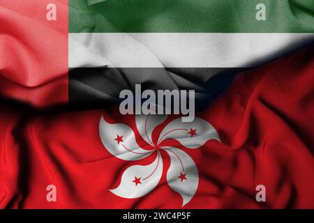 Illustration du drapeau des emirats arabes unis combinant le drapeau de hong kong, décor fond. illustration 3d. Banque D'Images