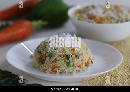 Savourez la bonté saine du Millet Proso Uppuma, un plat nutritif de l'Inde du Sud. Parfaitement épicé, texturé et visuellement attrayant. Idéal pour HEA Banque D'Images