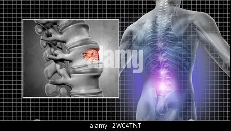 Fracture rachidienne et lombalgie comme traumatisme rachidien et traumatisme vertébral comme concept médical ostéopathique. Banque D'Images