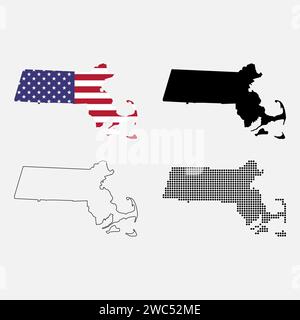 Ensemble de la carte du Massachusetts, États-unis d'amérique. Illustration vectorielle de l'icône de concept plat . Illustration de Vecteur