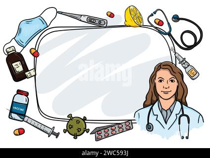 Jeune femme médecin, éléments médicaux, médicaments et virus. Cadre de présentation lumineux avec espace pour le texte Illustration de Vecteur