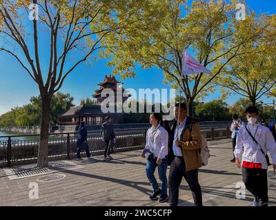 Pékin, Chine, foule moyenne , touristes chinois, gens, marche, visite de la Cité interdite, Dongchen, dans le vieux centre-ville, guide touristique de pékin Banque D'Images