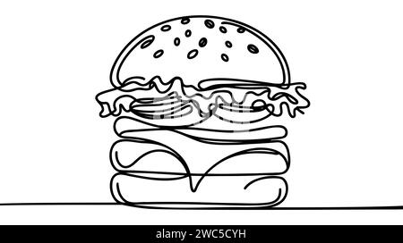 Concept de symbole cheeseburger continu à une ligne. Silhouette de hamburger de restauration rapide avec petits pains à salade de fromage. DR d'esquisse numérique à ligne simple blanche Illustration de Vecteur