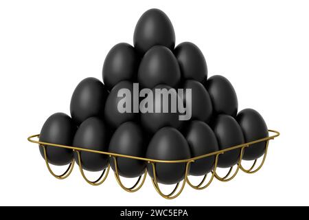 Des œufs noirs de luxe se tenant en pyramide dans un plateau métallique ou un carton en papier isolé sur fond blanc. 3D rendu du concept de Pâques ou oeufs de poulet pour o Banque D'Images