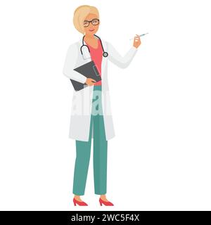 Femme médecin riante avec seringue. Travailleur hospitalier dans l'illustration vectorielle de dessin animé uniforme Illustration de Vecteur