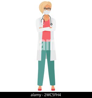 Femme médecin debout avec les bras croisés. Travailleur hospitalier médical avec illustration vectorielle de dessin animé de masque facial Illustration de Vecteur