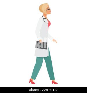 Femme médecin en position de marche. Travailleur clinique hospitalier dans l'illustration vectorielle de dessin animé de manteau blanc Illustration de Vecteur