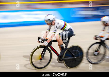 Apeldoorn, pays-Bas. 13 janvier 2024. APELDOORN, PAYS-BAS - 13 JANVIER : Lotte Kopecky, de Belgique, participe à la course élimination féminine au jour 4 des Championnats d'Europe UEC Track Elite 2024 à Omnisport le 13 janvier 2024 à Apeldoorn, pays-Bas. (Photo de Rene Nijhuis/Agence BSR) crédit : Agence BSR/Alamy Live News Banque D'Images