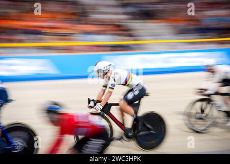 Apeldoorn, pays-Bas. 13 janvier 2024. APELDOORN, PAYS-BAS - 13 JANVIER : Lotte Kopecky, de Belgique, participe à la course élimination féminine au jour 4 des Championnats d'Europe UEC Track Elite 2024 à Omnisport le 13 janvier 2024 à Apeldoorn, pays-Bas. (Photo de Rene Nijhuis/Agence BSR) crédit : Agence BSR/Alamy Live News Banque D'Images