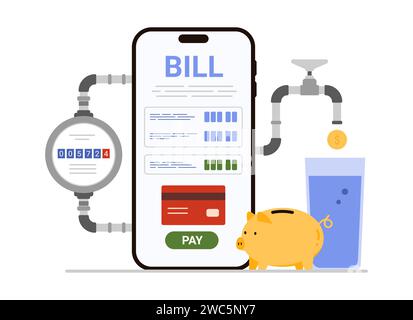 Paiement pour l'approvisionnement en eau dans l'application mobile. Raccord de tuyau du compteur de consommation avec grand téléphone mobile et robinet avec valve, facture d'eau, bouton payer et carte de crédit sur l'illustration vectorielle de dessin animé à l'écran Illustration de Vecteur