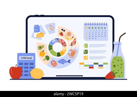 Calendrier planification de la nutrition, application de régime mobile. Graphique circulaire avec des produits alimentaires avec des protéines et des graisses, glucides par secteurs, liste sur l'écran de tablette pour planifier l'illustration vectorielle de dessin animé de perte de poids Illustration de Vecteur